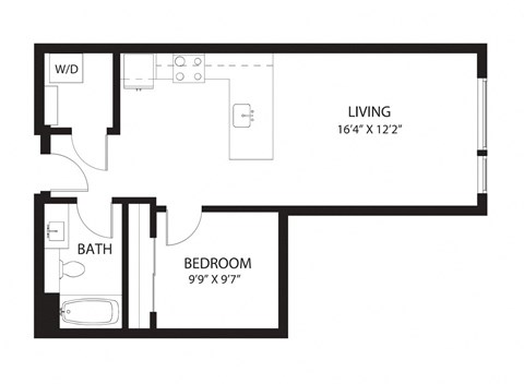 Floor plan for 1 bed, 1 bath, 673 sqft